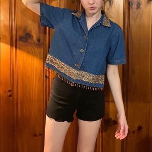 Vintage denim leopard print beaded boxy top 🐆